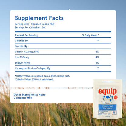 Equip Foods Grass Fed Collagen Powder | Hydrolyzed Bovine Collagen Peptides with Amino Acids | Prime Beef Collagen for Healthy Joints, Skin & Nails | Non-GMO, Paleo Friendly - Maple Wellness Supplements