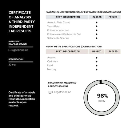 Ergothioneine with Clinically Studied MitoPrime® - High Potency 30mg with 98% Purity - Fermentation-Based L Ergothioneine Supplement - Longevity and Immune Support - Third-Party Tested, 90 Capsules - Maple Wellness Supplements