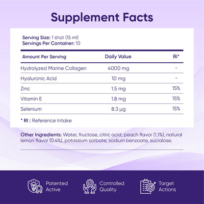 ERIC FAVRE Pure Collagen+ Liquid Collagen for Women – 4000mg Marine Peptides for Radiant Skin, Hair & Nail Health – Hyaluronic Acid, Vitamin E – 10 Shots, Peach Lemon Flavor - Maple Wellness Supplements