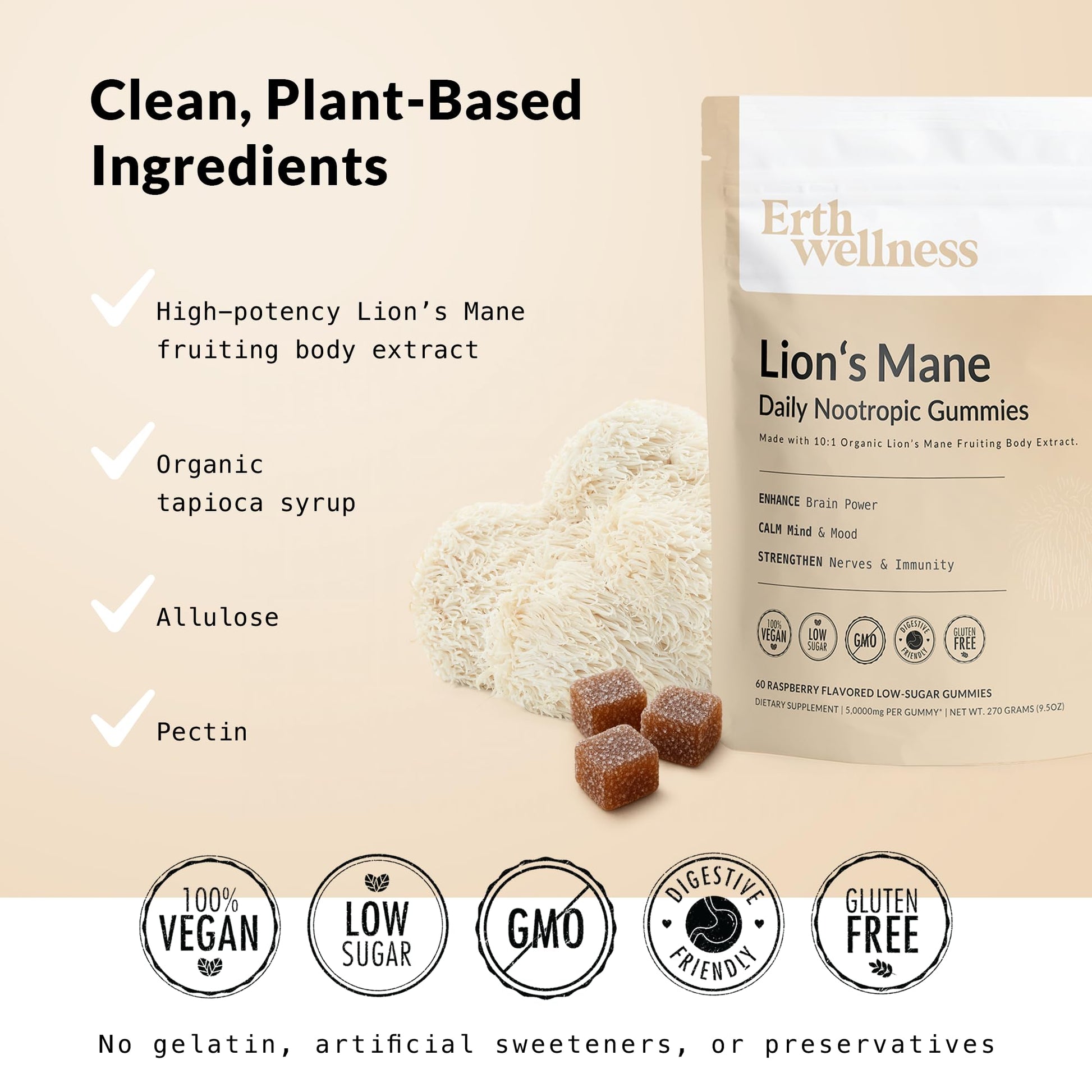 Erth Wellness Lion’s Mane Mushroom Gummies – 10,000mg Fruiting Body Extract per Serving – Brain & Focus Support – Daily Nootropic – Vegan, Low Sugar, Non-GMO – 60 Ct - Maple Wellness Supplements