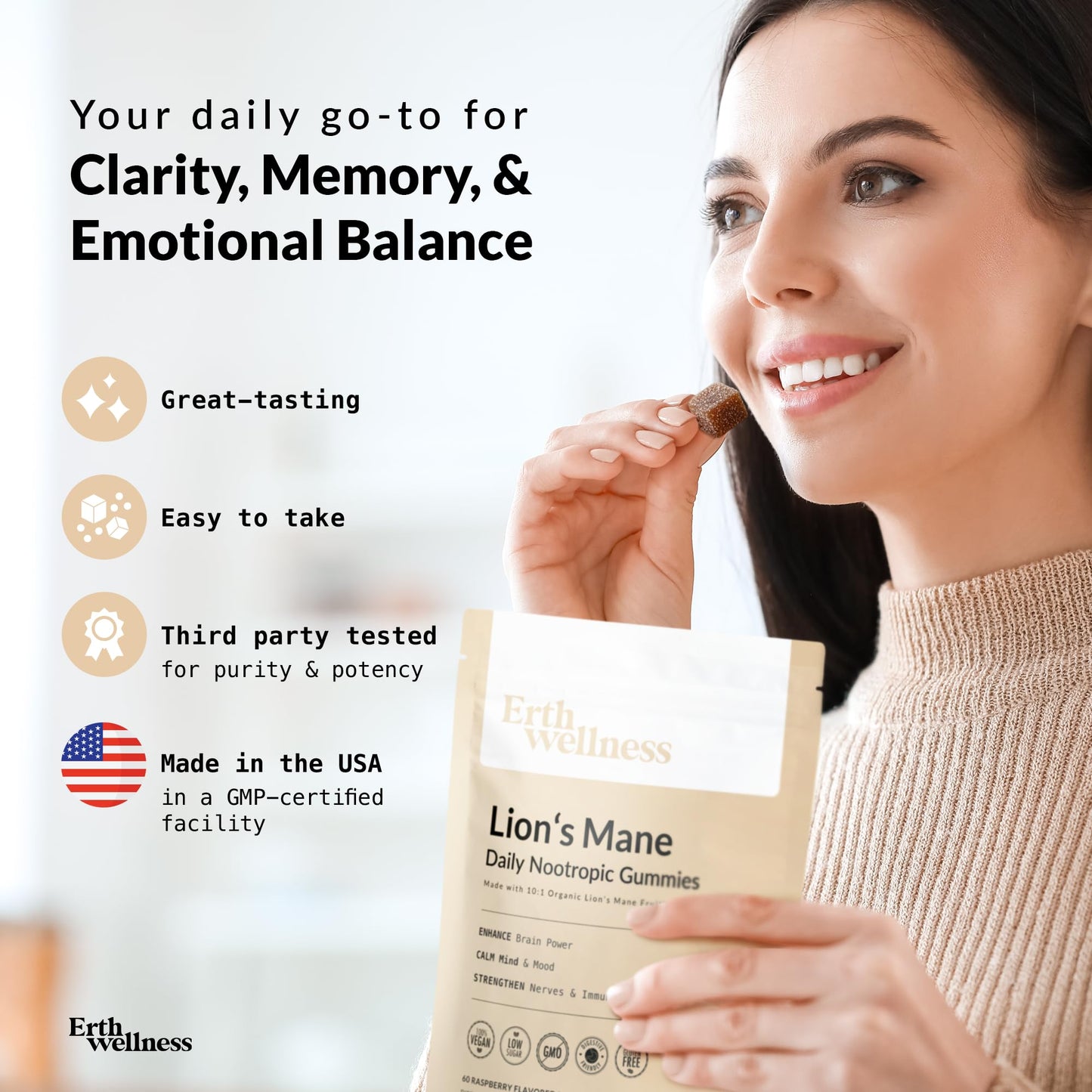 Erth Wellness Lion’s Mane Mushroom Gummies – 10,000mg Fruiting Body Extract per Serving – Brain & Focus Support – Daily Nootropic – Vegan, Low Sugar, Non-GMO – 60 Ct - Maple Wellness Supplements