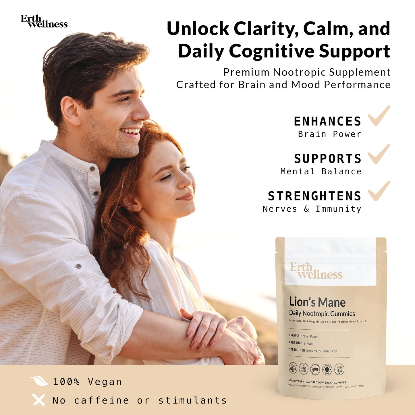 Erth Wellness Lion’s Mane Mushroom Gummies – 10,000mg Fruiting Body Extract per Serving – Brain & Focus Support – Daily Nootropic – Vegan, Low Sugar, Non-GMO – 60 Ct - Maple Wellness Supplements