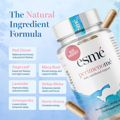 Esme Menopause Supplements Perimenopause Supplements 1 Month Supply - Daily Support for The Early Stage of Menopause – 60 Capsules - Includes Ashwagandha, Vitamins and Red Clover - Maple Wellness Supplements