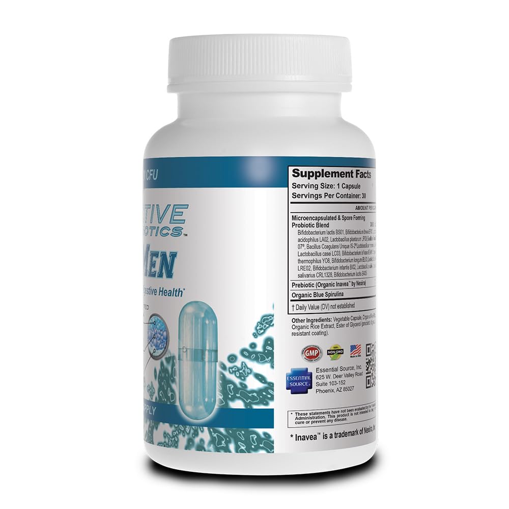 Essential Source TriActive Biotics for Men - Probiotic Capsules, 30 Billion CFU with Prebiotics & Blue Spirulina, Shelf Stable, Allergen Free, Digestive & Immune Support, 30 Count - Maple Wellness Supplements