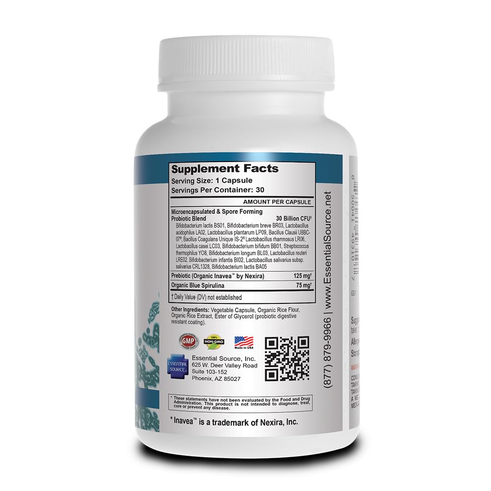 Essential Source TriActive Biotics for Men - Probiotic Capsules, 30 Billion CFU with Prebiotics & Blue Spirulina, Shelf Stable, Allergen Free, Digestive & Immune Support, 30 Count - Maple Wellness Supplements