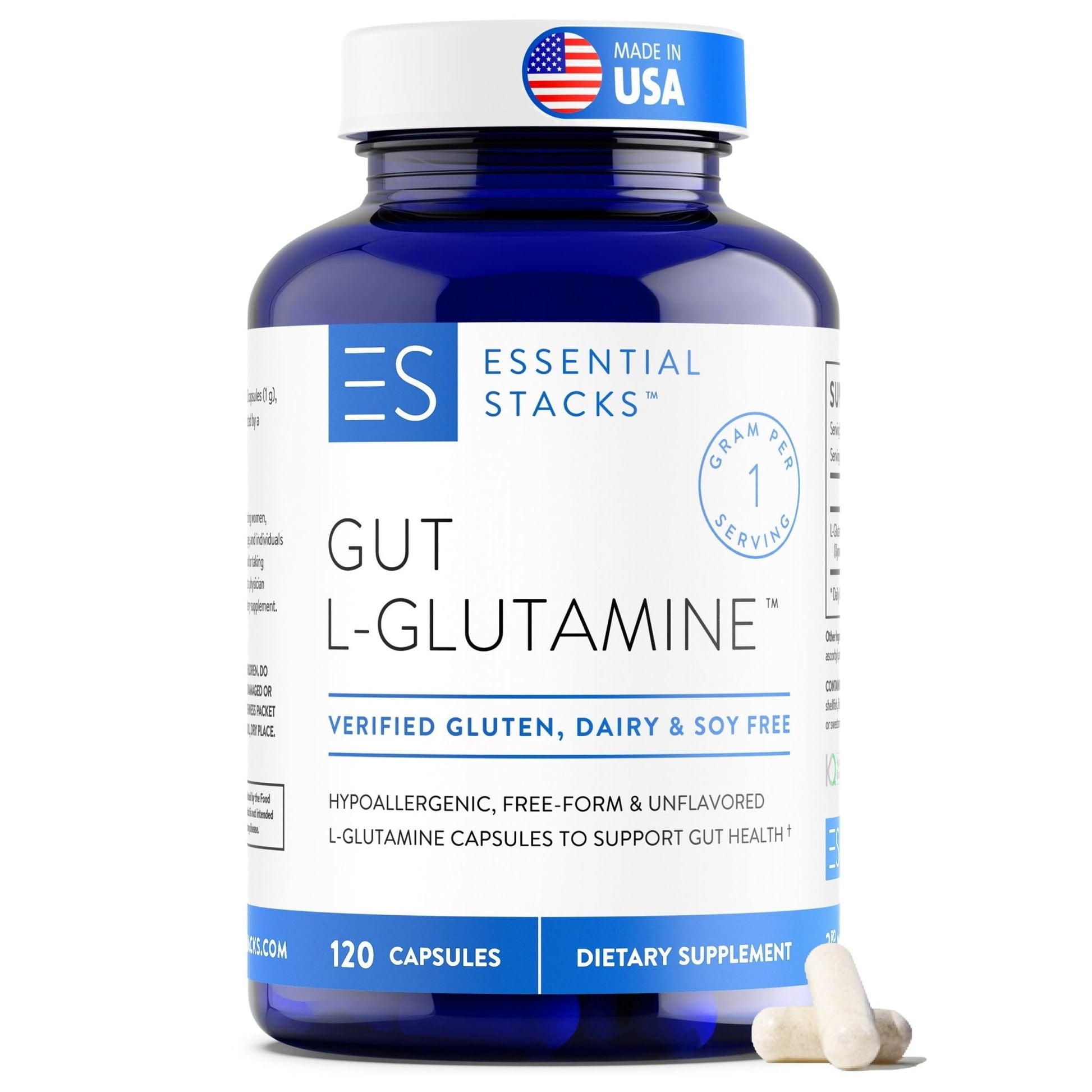 Essential Stacks Gut L-Glutamine Capsules 1000mg (Made in USA) - Gluten, Dairy & Soy Free, Non-GMO L Glutamine for Gut Health - 60 Serves (120 Caps) - Maple Wellness Supplements