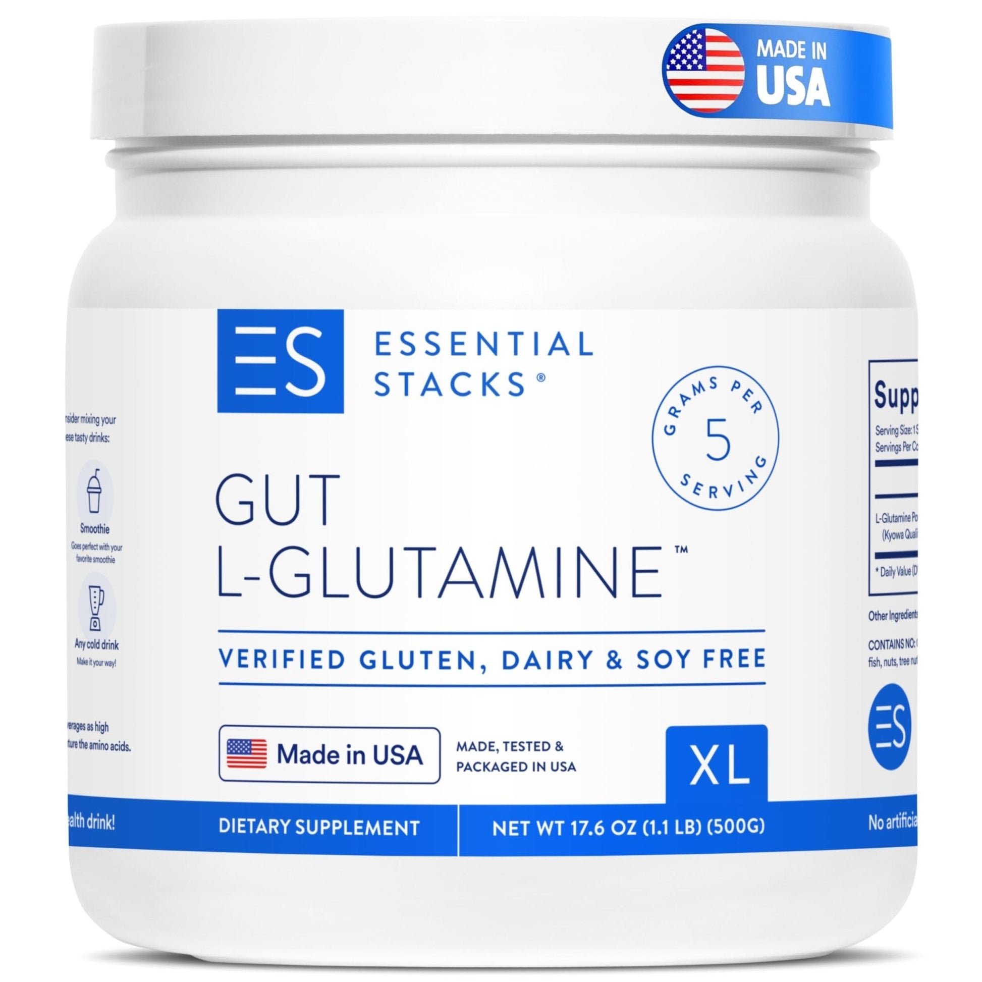 Essential Stacks Gut L-Glutamine Powder - Exclusively Made in USA - Pure L Glutamine Powder for Gut Health (100 Servings, Unflavored) - Maple Wellness Supplements