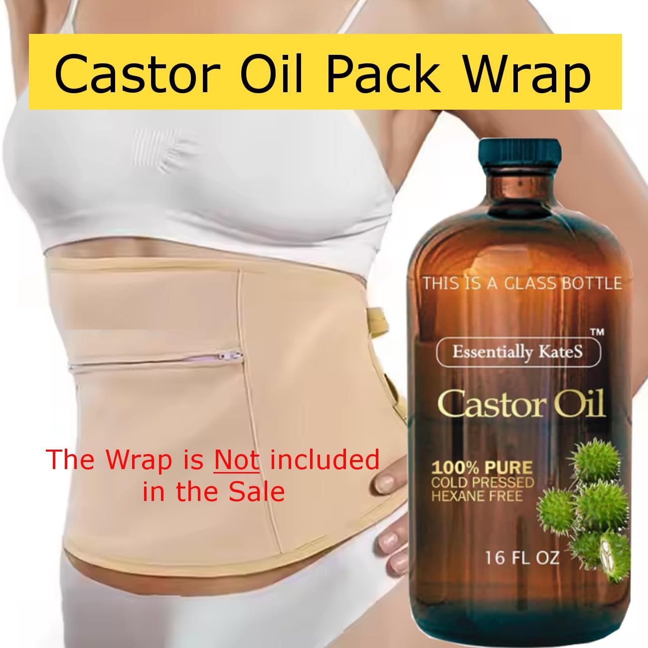 Essentially KateS Castor Oil 16 Fl Oz (Glass Bottle) - Original - A Huge Glass Bottle with a Pump - 100% Pure and Natural - Maple Wellness Supplements