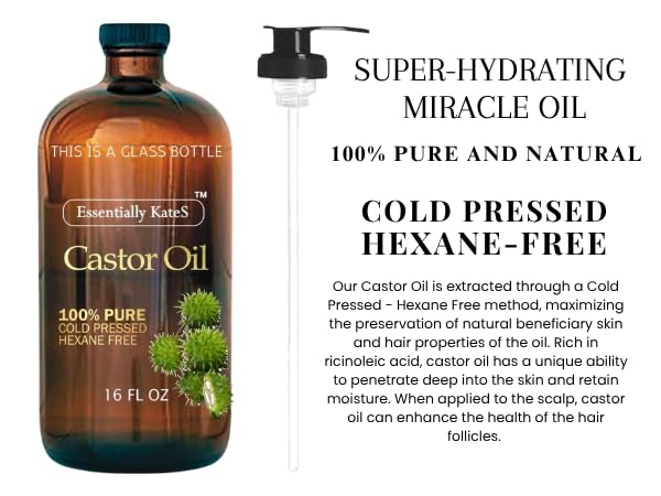 Essentially KateS Castor Oil 16 Fl Oz (Glass Bottle) - Original - A Huge Glass Bottle with a Pump - 100% Pure and Natural - Maple Wellness Supplements
