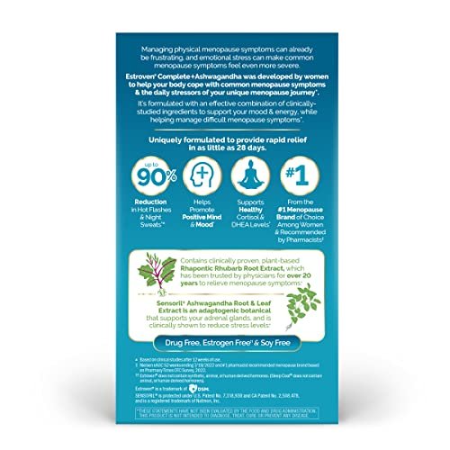 Estroven Complete + Ashwagandha Multi-Symptom Menopause Supplement for Women - 60 Ct. - Clinically Proven Ingredients Provide Menopause Relief & Night Sweats + Hot Flash Relief* - Drug-Free & Non-GMO - Maple Wellness Supplements