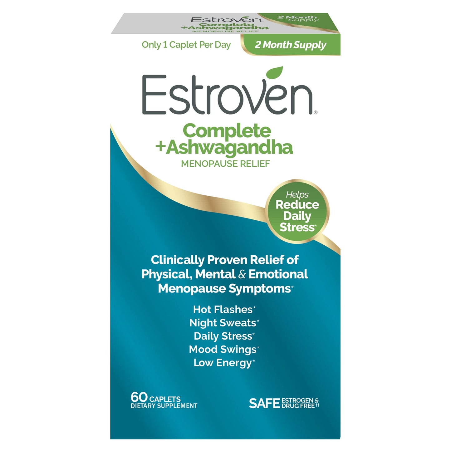 Estroven Complete + Ashwagandha Multi-Symptom Menopause Supplement for Women - 60 Ct. - Clinically Proven Ingredients Provide Menopause Relief & Night Sweats + Hot Flash Relief* - Drug-Free & Non-GMO - Maple Wellness Supplements