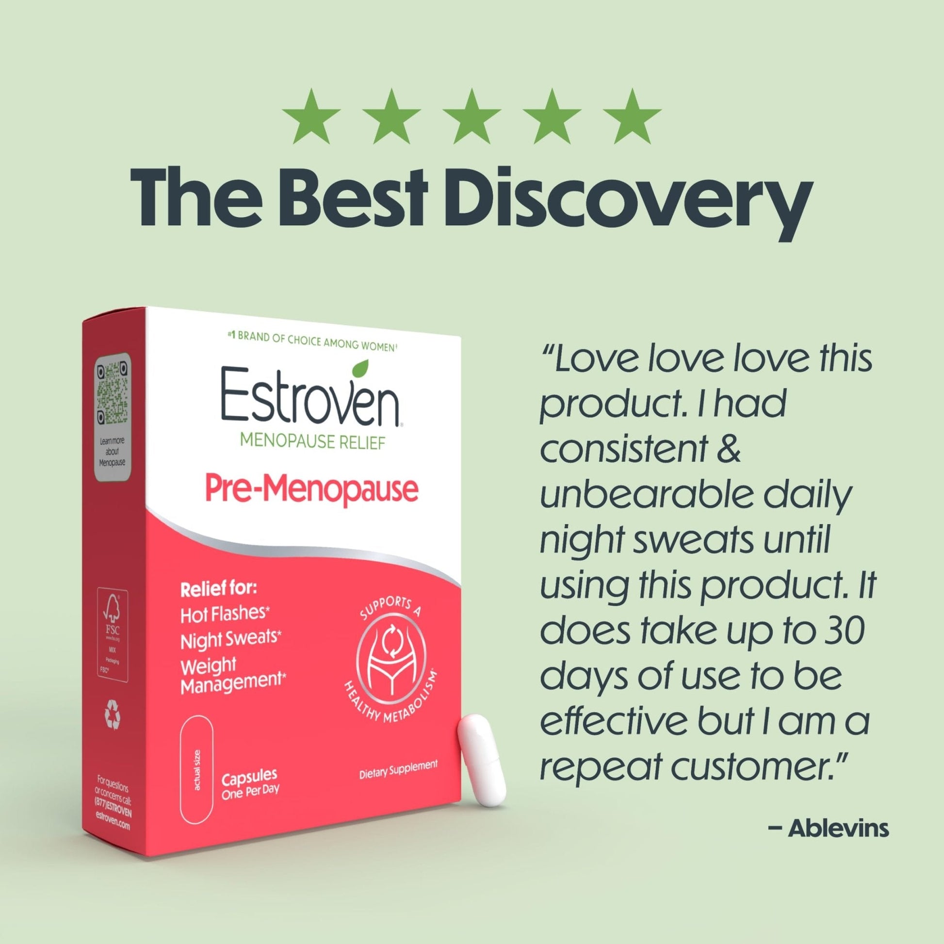 Estroven Pre-Menopause Relief, 30 Ct., Clinically Proven Ingredients, Provides Menopause Relief plus Night Sweats & Hot Flash Relief, Drug-Free or Estrogen Free - Maple Wellness Supplements
