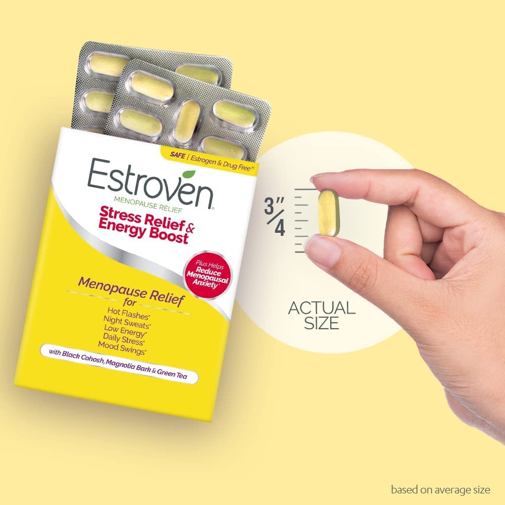 Estroven Stress Relief & Energy Boost for Menopause Relief - 28 Ct. - Clinically Proven Ingredients Provide Stress & Energy Support + Night Sweats & Hot Flash Relief - Drug-Free and Gluten-Free - Maple Wellness Supplements