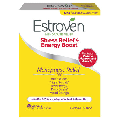 Estroven Stress Relief & Energy Boost for Menopause Relief - 28 Ct. - Clinically Proven Ingredients Provide Stress & Energy Support + Night Sweats & Hot Flash Relief - Drug-Free and Gluten-Free - Maple Wellness Supplements