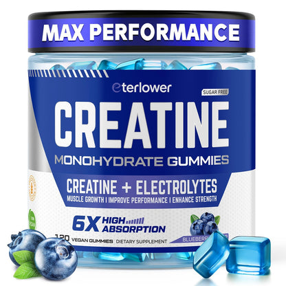 eterlower Creatine Monohydrate Gummies 5g – Pre-Workout Energy & Muscle Growth Support for Men & Women | Blueberry Electrolyte Gummies, 120 Count - Maple Wellness Supplements