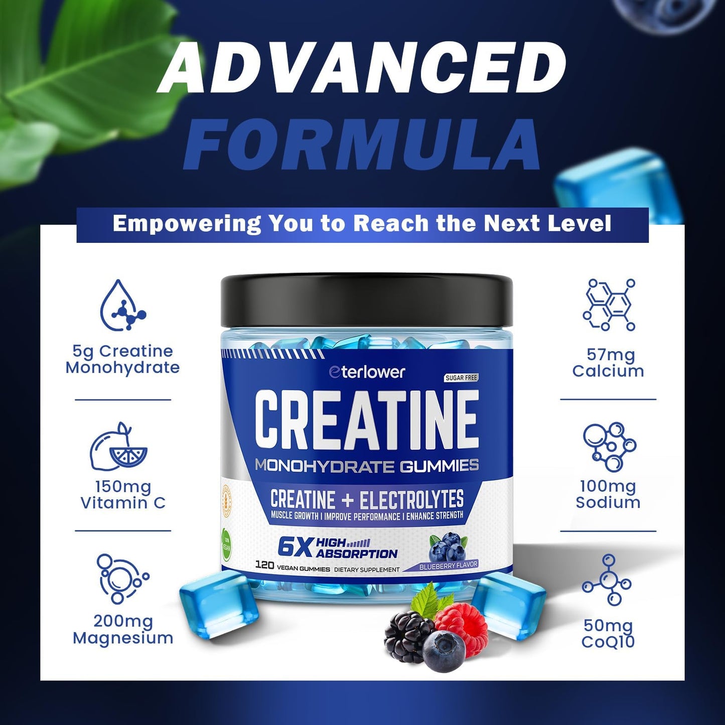 eterlower Creatine Monohydrate Gummies 5g – Pre-Workout Energy & Muscle Growth Support for Men & Women | Blueberry Electrolyte Gummies, 120 Count - Maple Wellness Supplements