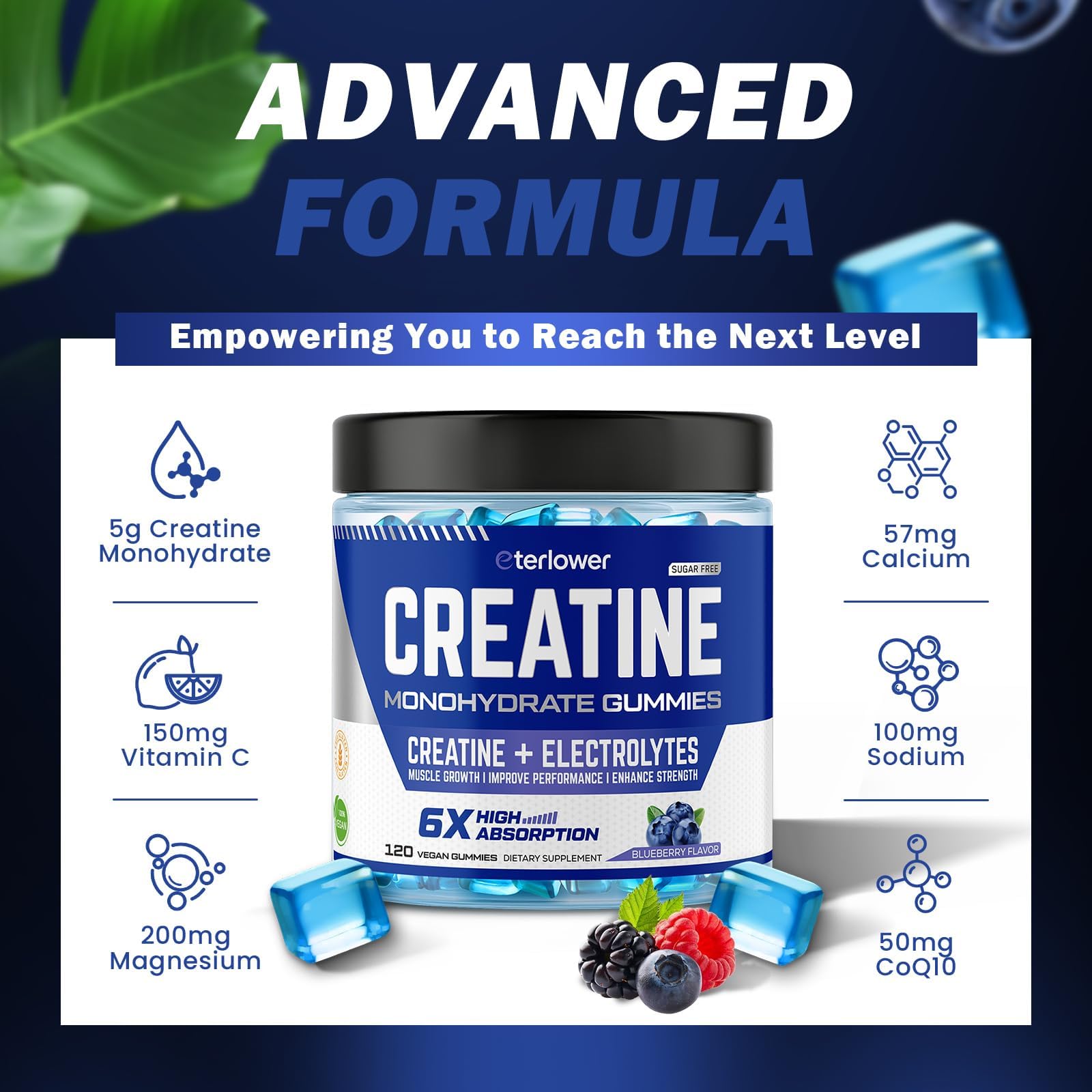 eterlower Creatine Monohydrate Gummies 5g – Pre-Workout Energy & Muscle Growth Support for Men & Women | Blueberry Electrolyte Gummies, 120 Count - Maple Wellness Supplements