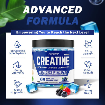 eterlower Creatine Monohydrate Gummies 5g – Pre-Workout Energy & Muscle Growth Support for Men & Women | Blueberry Electrolyte Gummies, 120 Count - Maple Wellness Supplements