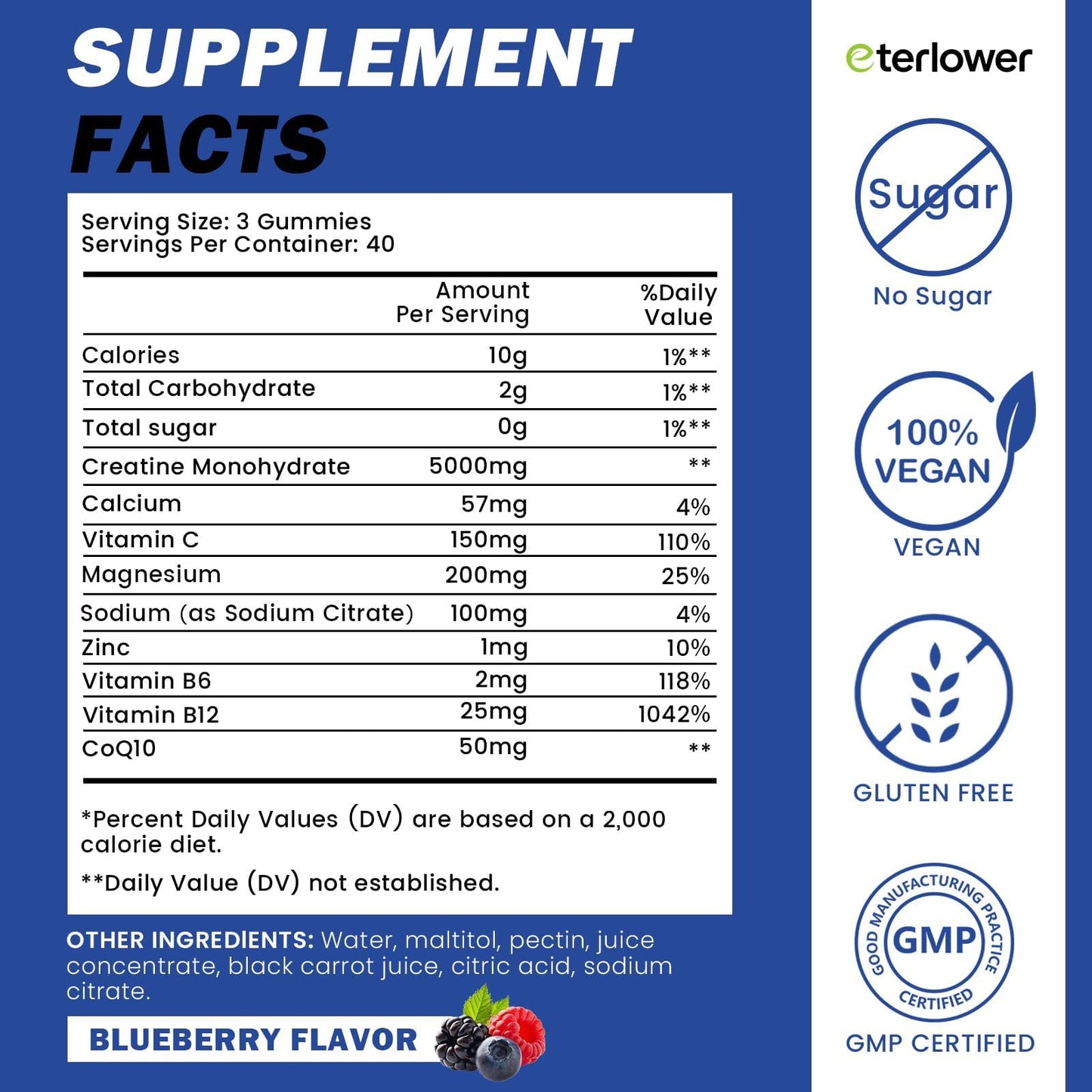 eterlower Creatine Monohydrate Gummies 5g – Pre-Workout Energy & Muscle Growth Support for Men & Women | Blueberry Electrolyte Gummies, 120 Count - Maple Wellness Supplements