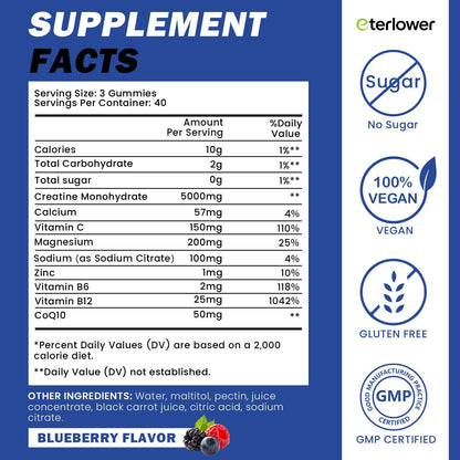 eterlower Creatine Monohydrate Gummies 5g – Pre-Workout Energy & Muscle Growth Support for Men & Women | Blueberry Electrolyte Gummies, 120 Count - Maple Wellness Supplements