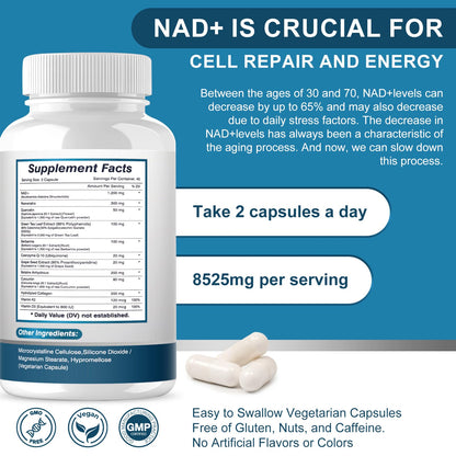 ETOVO NAD+ Supplement, 8525 mg Liposomal NAD Resveratrol Supplement for Women and Men with Coptisine Quercetin Curcumin Supports Cellular Health, Energy & Healthy Anti-Aging 180 Counts - Maple Wellness Supplements