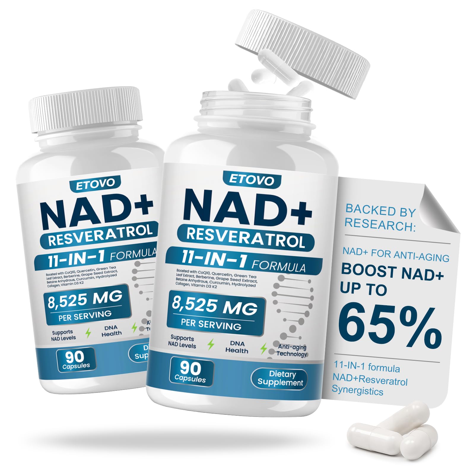ETOVO NAD+ Supplement, 8525 mg Liposomal NAD Resveratrol Supplement for Women and Men with Coptisine Quercetin Curcumin Supports Cellular Health, Energy & Healthy Anti-Aging 180 Counts - Maple Wellness Supplements