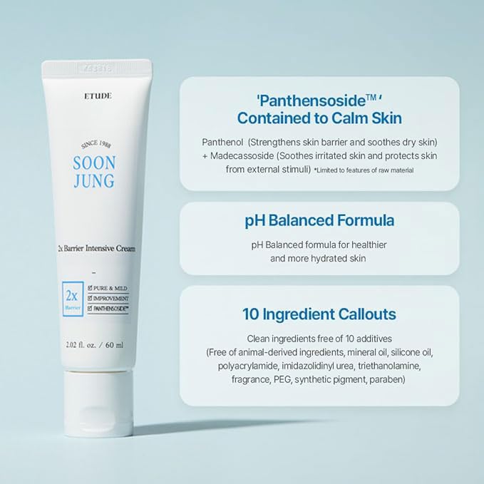 ETUDE SoonJung 2x Intensive Cream for Barrier Repair, Rich Moist, Madecassoside & Panthenol for Soothing, Face Moisturizer for Sensitive Skin - Maple Wellness Supplements