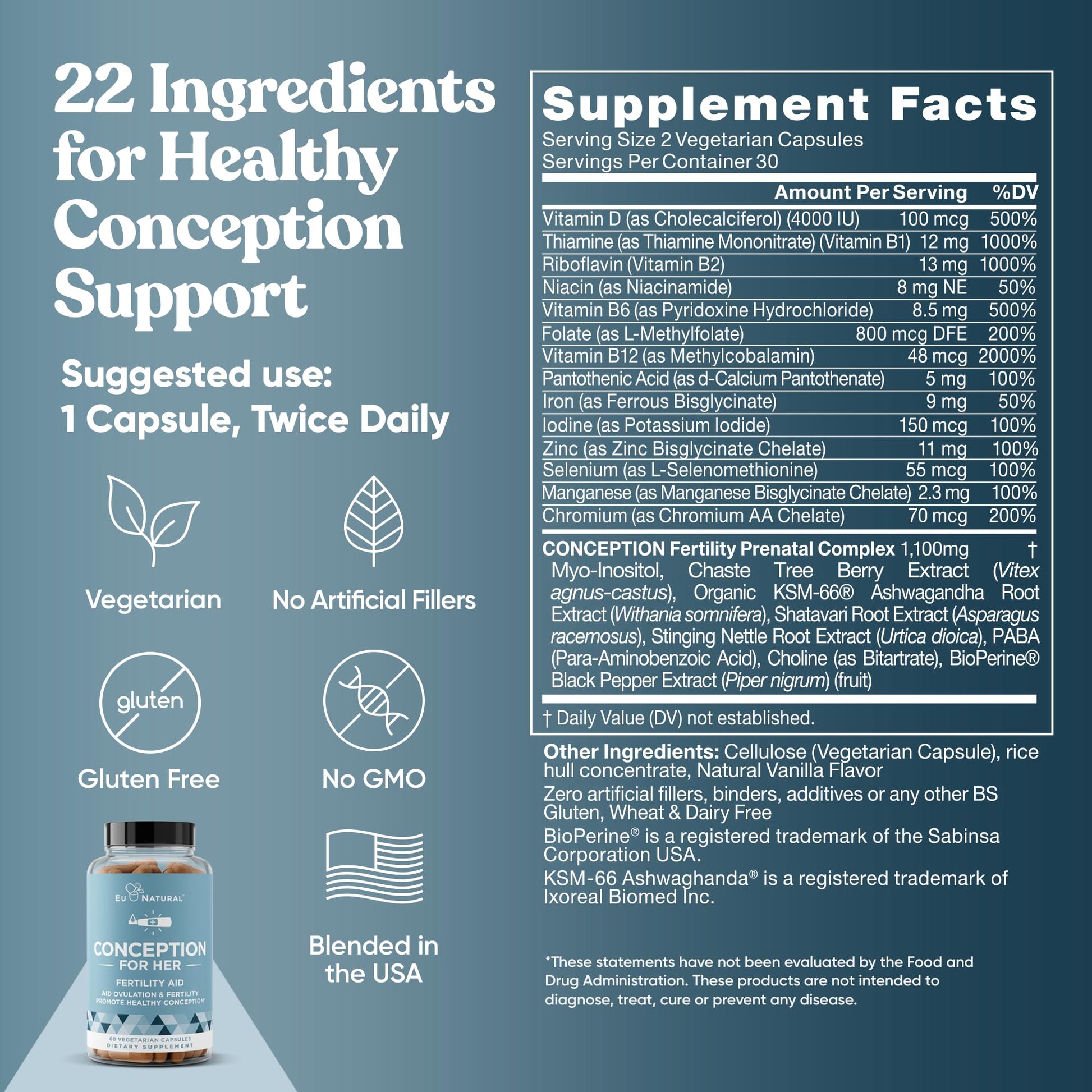 Eu Natural Conception for Her Fertility Supplements for Women - Ovulation, Hormonal Balance & Regular Cycle Support - Myo-Inositol, Folate, Folic Acid & Vitex - 60 Vegetarian Capsules - Maple Wellness Supplements