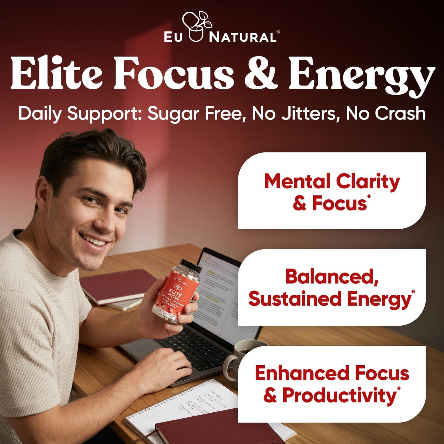Eu Natural Elite Caffeine Pills with L-Theanine - 100mg Caffeine + 200mg L-Theanine - Jitter-Free Focused Energy & Clean Nootropic Stack - 240 Soft Capsules - Maple Wellness Supplements