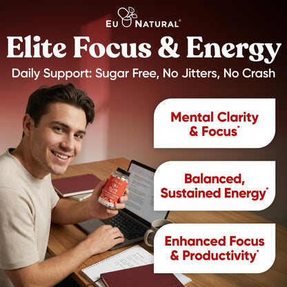 Eu Natural Elite Caffeine Pills with L-Theanine - 100mg Caffeine + 200mg L-Theanine - Jitter-Free Focused Energy & Clean Nootropic Stack - 240 Soft Capsules - Maple Wellness Supplements