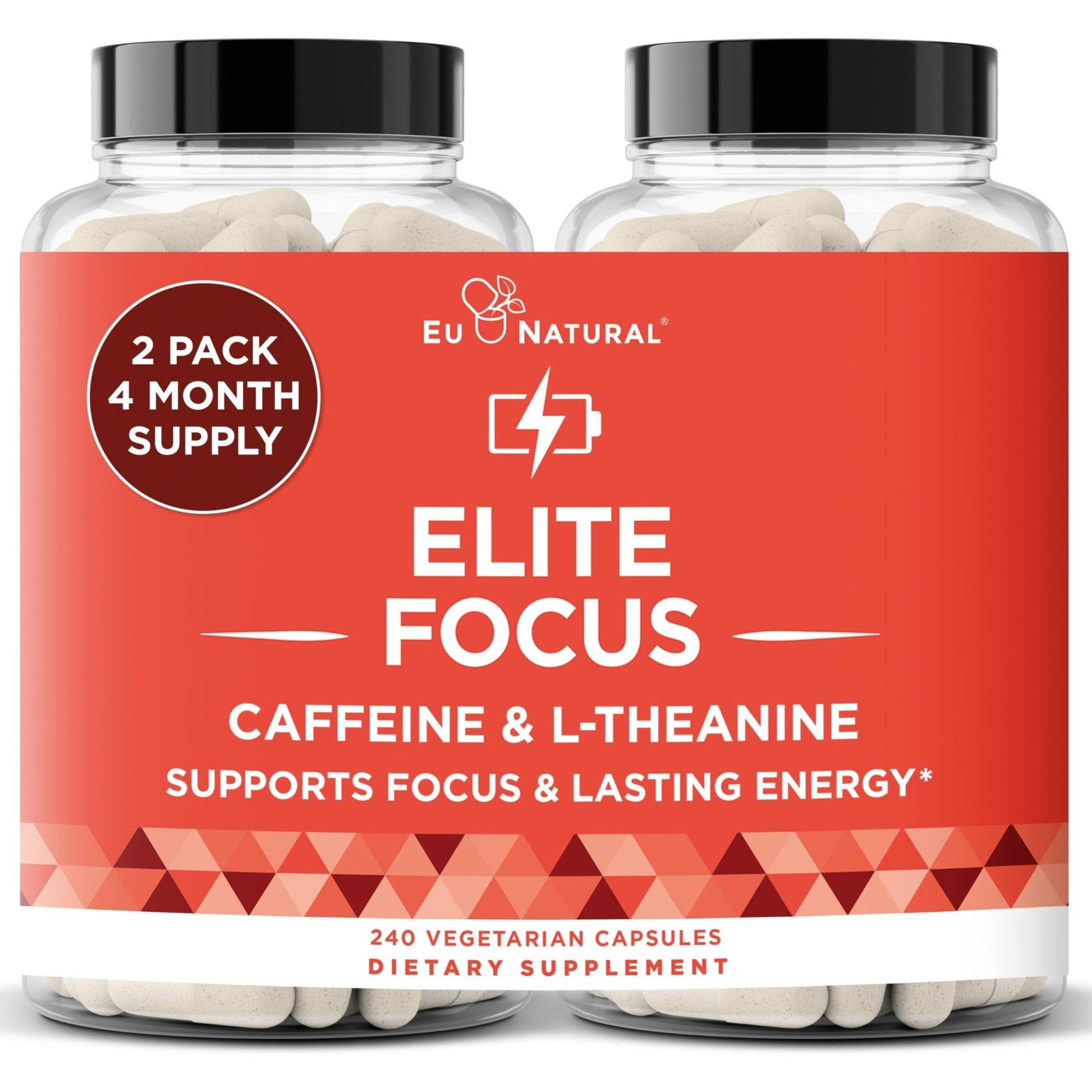 Eu Natural Elite Caffeine Pills with L-Theanine - 100mg Caffeine + 200mg L-Theanine - Jitter-Free Focused Energy & Clean Nootropic Stack - 240 Soft Capsules - Maple Wellness Supplements