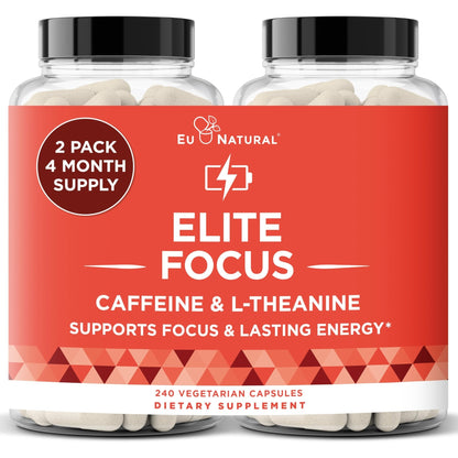 Eu Natural Elite Caffeine Pills with L-Theanine - 100mg Caffeine + 200mg L-Theanine - Jitter-Free Focused Energy & Clean Nootropic Stack - 240 Soft Capsules - Maple Wellness Supplements