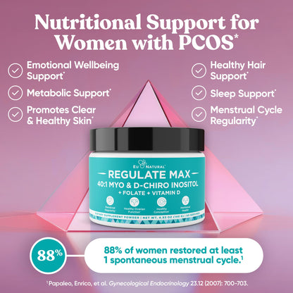 Eu Natural Regulate MAX Myo-Inositol & D-Chiro Inositol Supplement Powder for Women with Vitamin D & Folate Nutritional Support, Hormone Balance & Fertility Support, Unflavored 60 Servings - Maple Wellness Supplements