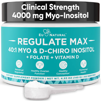 Eu Natural Regulate MAX Myo-Inositol & D-Chiro Inositol Supplement Powder for Women with Vitamin D & Folate Nutritional Support, Hormone Balance & Fertility Support, Unflavored 60 Servings - Maple Wellness Supplements