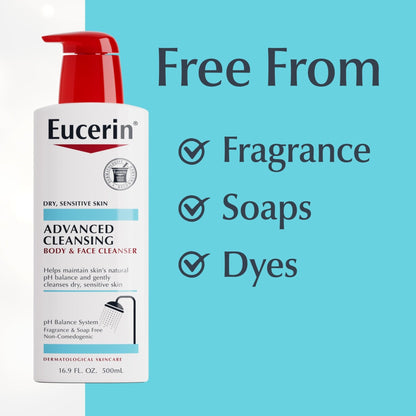 Eucerin Advanced Cleansing Body & Face Cleanser - Fragrance & Soap Free for Dry, Sensitive Skin - 16.9 fl. oz Bottle - Maple Wellness Supplements
