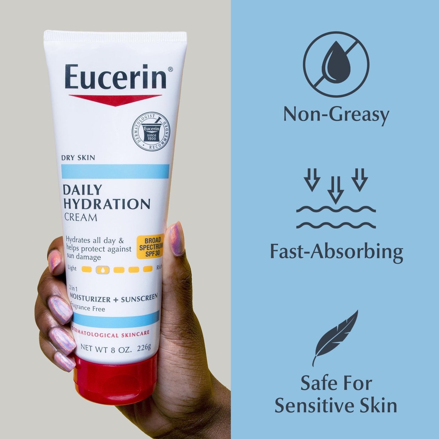 Eucerin Daily Hydration Broad Spectrum SPF 30 Sunscreen Body Cream for Dry Skin, Fragrance Free Sunscreen Moisturizer, 8 Oz Tube - Maple Wellness Supplements