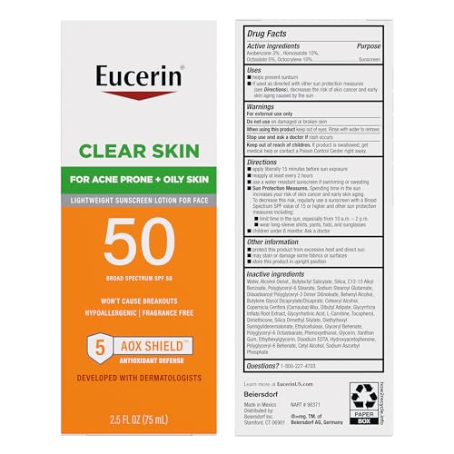 Eucerin Sun Clear Skin Face Sunscreen Lotion SPF 50 for Acne Prone and Oily Skin, Lightweight Sunscreen with Oil-Absorbing Minerals - Maple Wellness Supplements