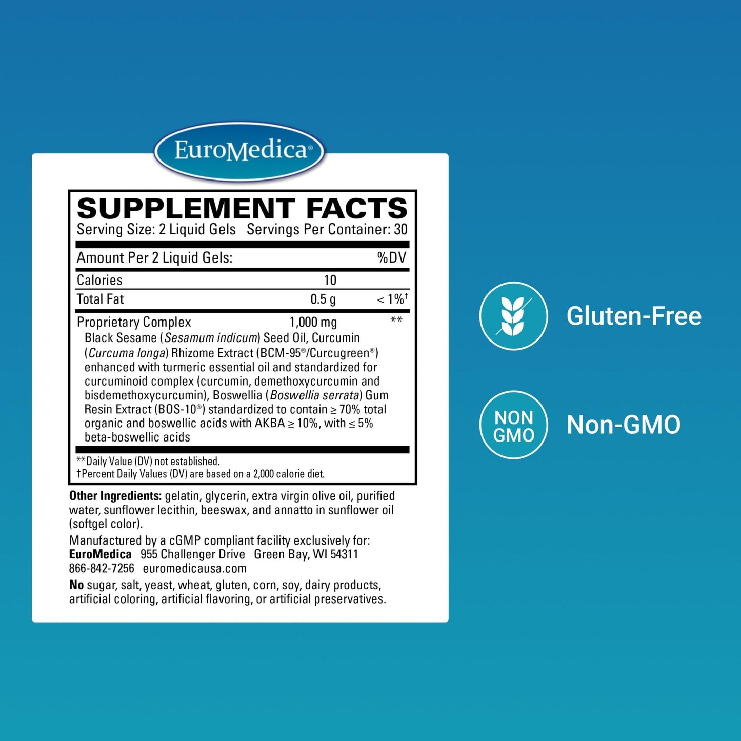 EuroMedica Acute Pain Relief - Dietary Supplement with BCM-95 Curcumin & BOS-10 Boswellia - Black Sesame Seed Oil Supplement to Support Relief of Occasional Discomfort - 60 Liquid Gels - Maple Wellness Supplements