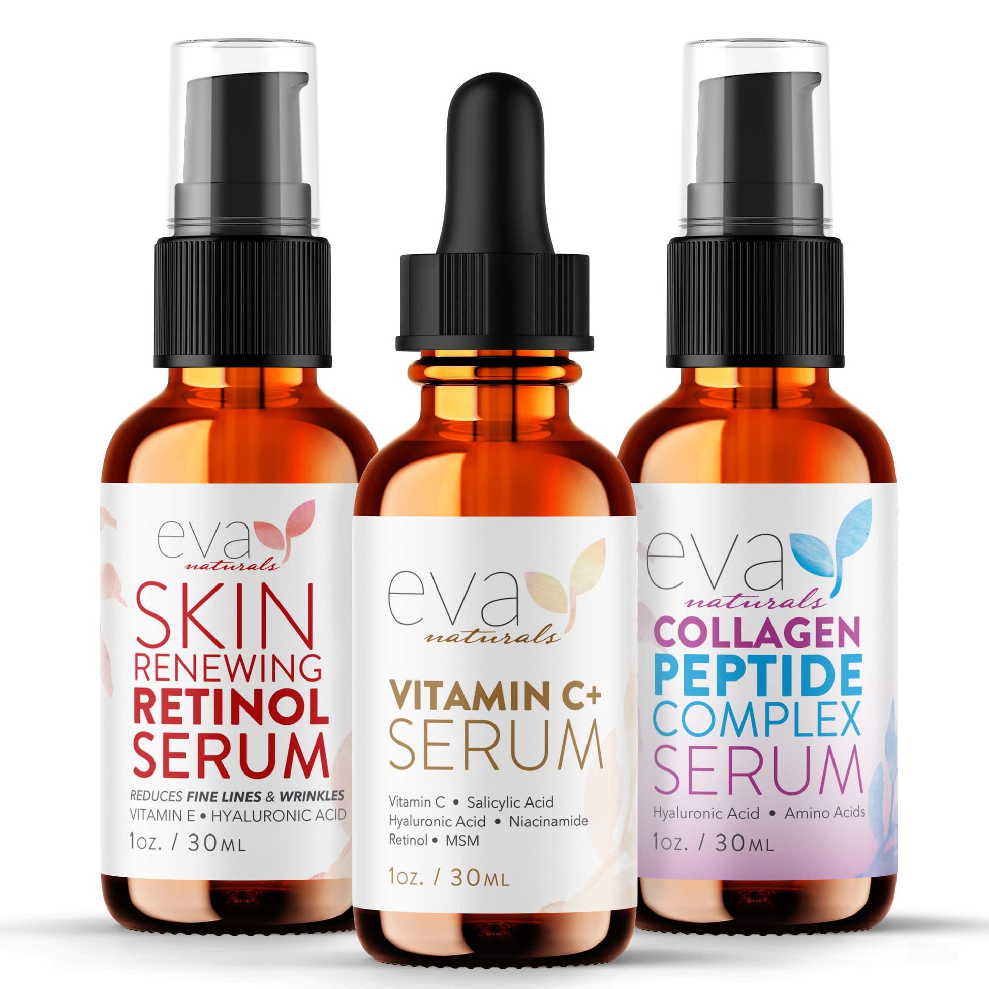 Eva Naturals Trifecta Face Serum Set – Retinol, Vitamin C & Peptides with Hyaluronic Acid & Niacinamide – Anti-Aging Skincare Bundle for Women - Maple Wellness Supplements