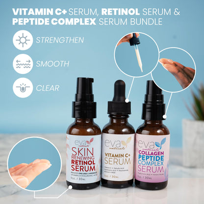 Eva Naturals Trifecta Face Serum Set – Retinol, Vitamin C & Peptides with Hyaluronic Acid & Niacinamide – Anti-Aging Skincare Bundle for Women - Maple Wellness Supplements