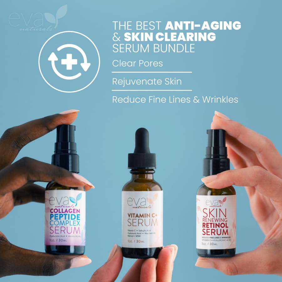Eva Naturals Trifecta Face Serum Set – Retinol, Vitamin C & Peptides with Hyaluronic Acid & Niacinamide – Anti-Aging Skincare Bundle for Women - Maple Wellness Supplements