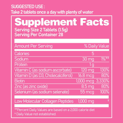 Ever Collagen in&UP Biotin Cell, Low Molecular Marine Fish Collagen Peptides Tablets with Vitamin Selenium Supplements - Healthy Skin, Hair, Nail for Women - Antioxidant Supplement - Maple Wellness Supplements