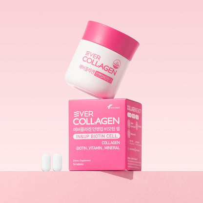 Ever Collagen in&UP Biotin Cell, Low Molecular Marine Fish Collagen Peptides Tablets with Vitamin Selenium Supplements - Healthy Skin, Hair, Nail for Women - Antioxidant Supplement - Maple Wellness Supplements
