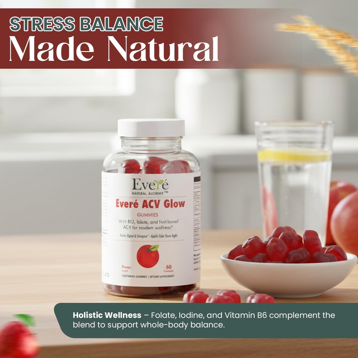 Everé ACV Glow Gummies – Apple Cider Vinegar with B12, B6, Iodine, Folate, Beetroot & Pomegranate – Daily Wellness Support for Energy & Balance - Maple Wellness Supplements