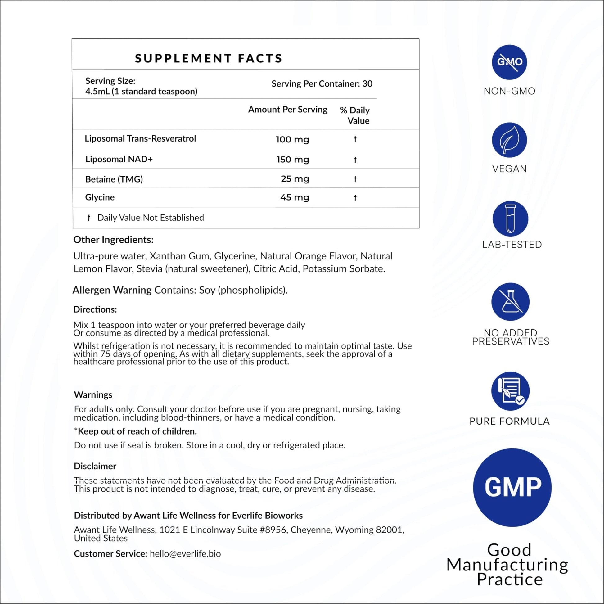 Everlife Liposomal NAD+ Liquid Supplement – 150mg Shot with Liposomal Trans-Resveratrol, TMG & Glycine – Boosts Energy, Cellular Repair, Healthy Aging & Longevity – NMNH Alternative – 30 Servings - Maple Wellness Supplements