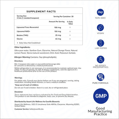 Everlife Liposomal NAD+ Liquid Supplement – 150mg Shot with Liposomal Trans-Resveratrol, TMG & Glycine – Boosts Energy, Cellular Repair, Healthy Aging & Longevity – NMNH Alternative – 30 Servings - Maple Wellness Supplements