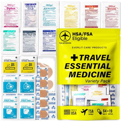 EVERLIT CARE Travel Essential Medicine First Aid Kit I Bonus Medical Supplies I TSA Compliant Mini Size Medkit for Traveling Camping Trips Individually Packed 64 Tablets (Refill Pack) - Maple Wellness Supplements