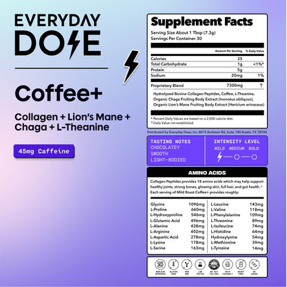 Everyday Dose Premium Adaptogenic Mushroom Coffee with Grass-Fed Collagen, Chaga, Lions Mane & L-Theanine for Better Focus, Energy, Digestion, Skin, and Immunity 30 Servings - Maple Wellness Supplements
