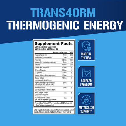 EVL Thermogenic Fat Burner Support - Fast Acting Weight Loss Energy and Appetite Support - Trans4orm Green Tea Supplement - Maple Wellness Supplements