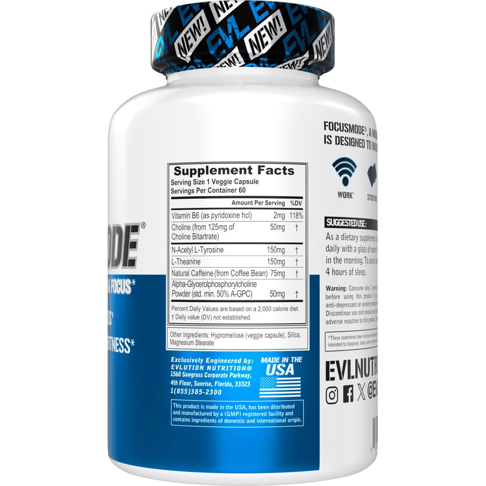 Evlution Nutrition Mental Energy and Focus Supplement for Adults - Nootropics Brain Support Supplement with Caffeine L Theanine Alpha GPC and L-Tyrosine - Focus Pills for Sustained Peak Performance - Maple Wellness Supplements